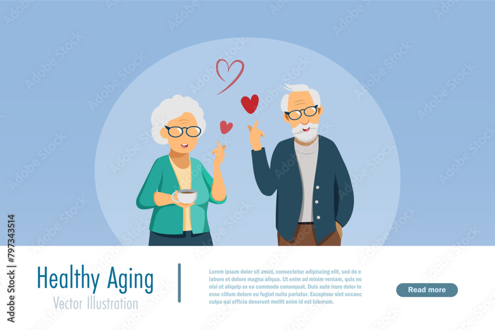 Senior couple with mini heart hand. Healthy aging, active elderly with wellness. Vector. Senior couple with mini heart hand. Healthy aging, active elderly with wellness. Vector.