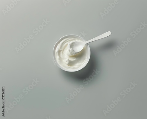 Top view of a white spoon in a plastic bowl with Greek yogurt isolated on a gray background in a closeup