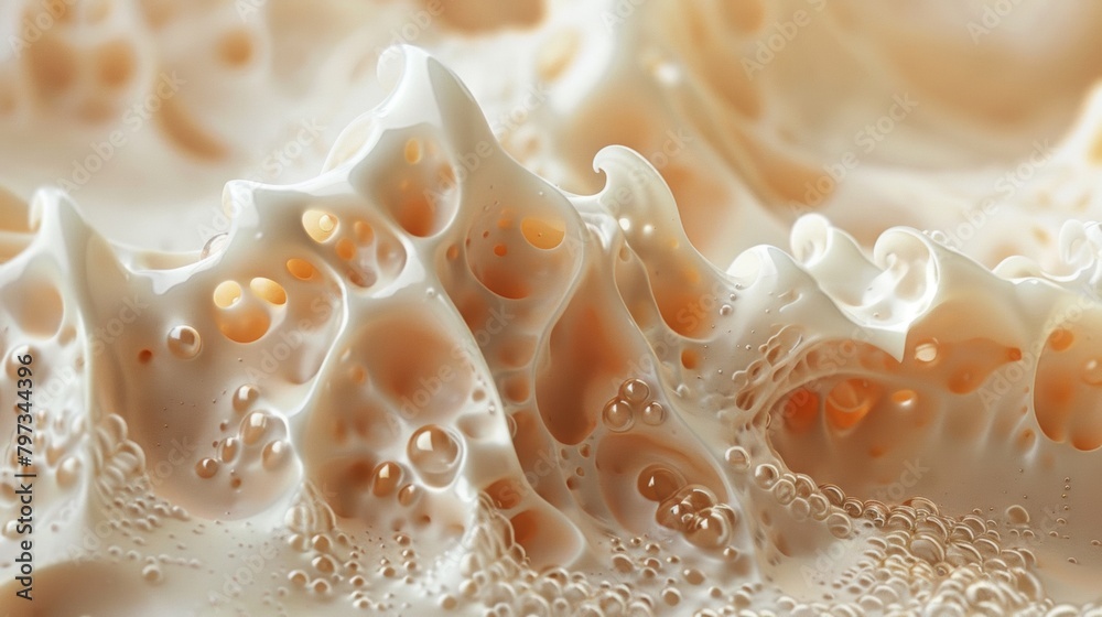 The image is of a white foam with many bubbles of creamy The image is of a white foam with many bubbles of creamy