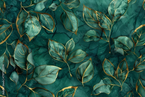 Elegant pattern with golden leaves on emerald background