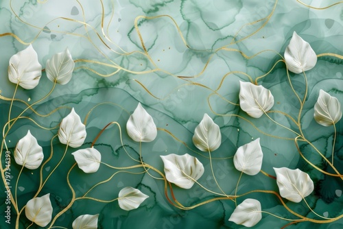 Elegant pattern with golden leaves on emerald background © wanna