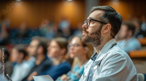 A male doctor in a white lab coat is sitting in a lecture hall with a group of people