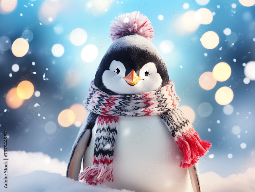 Obraz premium Snowman with red scarf, hat and mittens in winter forest.
