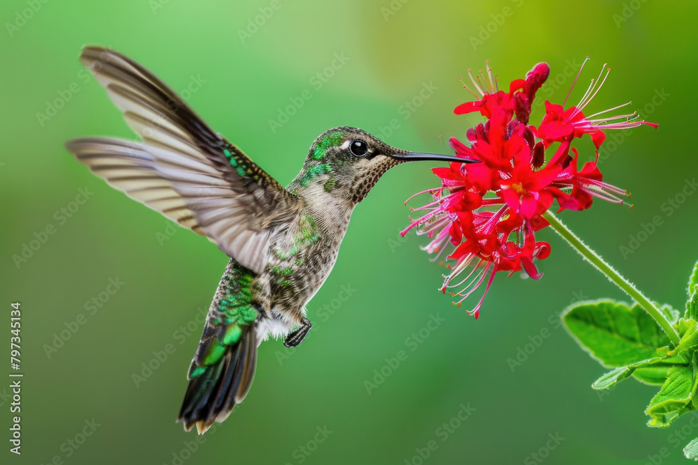 Naklejka premium Costa's hummingbird, hummingbird in flight, hummingbird drinking from a red flower