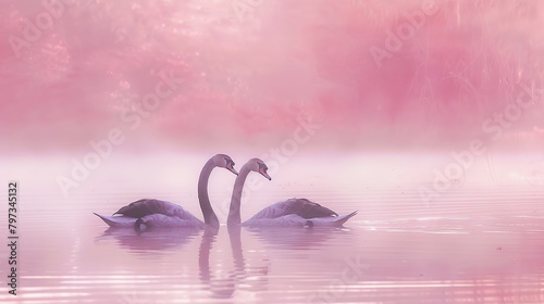 A pair of graceful swans on a soft pink pond, their elegant necks forming an artistic silhouette against the pastel hues