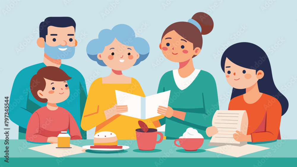 A family sitting around a table passing down a cherished family recipe while also passing down the stories and struggles of their ancestors.. Vector illustration A family sitting around a table passing down a cherished family recipe while also passing down the stories and struggles of their ancestors.. Vector illustration