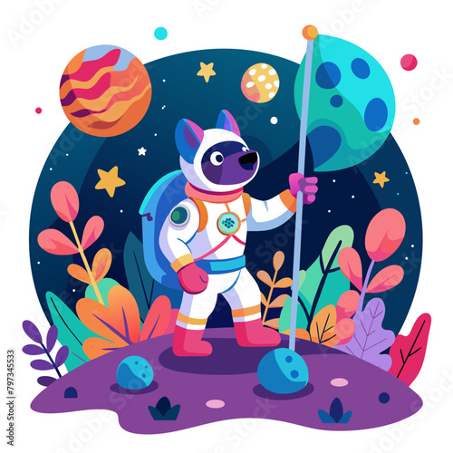 Whimsical scene of a dog astronaut planting a flag with a paw print emblem on a distant planet, surrounded by colorful alien flora