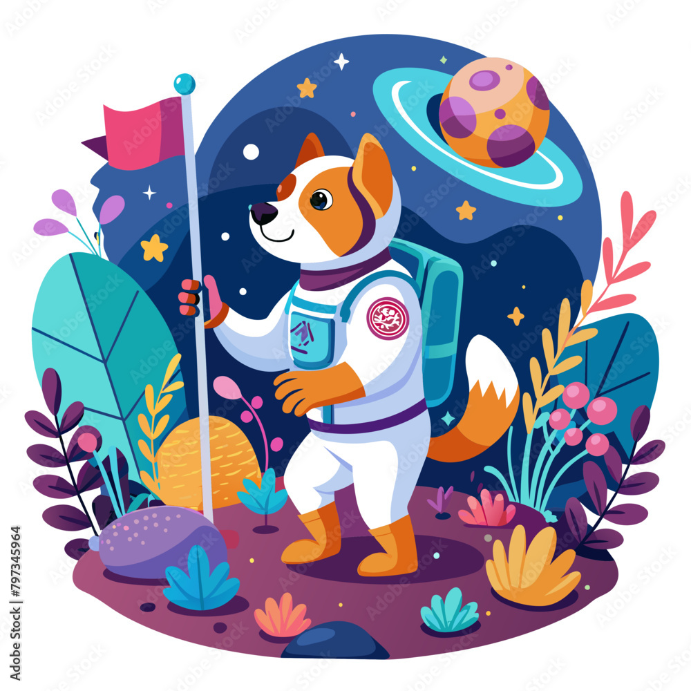 Whimsical scene of a dog astronaut planting a flag with a paw print emblem on a distant planet, surrounded by colorful alien flora