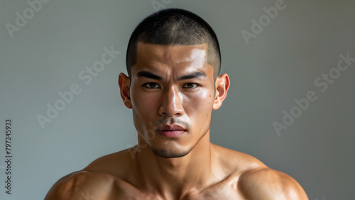 Dynamic Impact: Muay Thai Athlete's Short Shaved Style, Combat Ready: Male Fighter's Look, Athletic Precision for Muay Thai, Ring Warrior: Athlete's Short Shaved Hairstyle