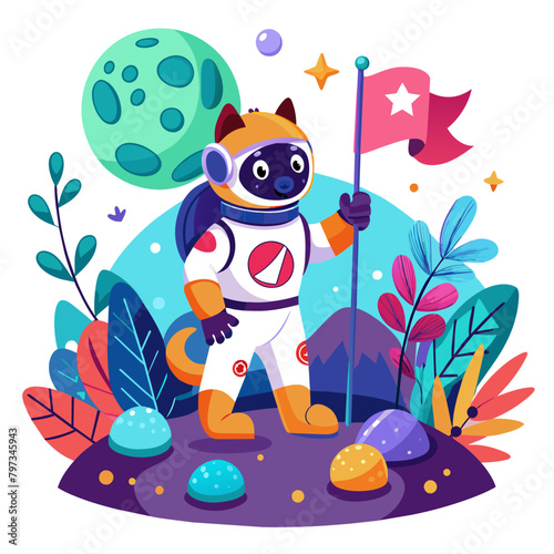 Whimsical scene of a dog astronaut planting a flag with a paw print emblem on a distant planet, surrounded by colorful alien flora