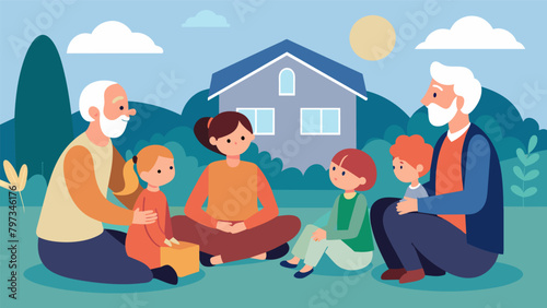 An elderly couple sitting outside their home surrounded by their grandchildren who eagerly listen as they share stories of their own experiences. Vector illustration