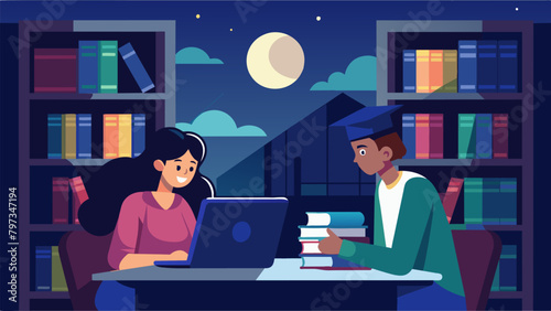 As the clock struck midnight two students snuck into the library to study together talking about their fears of not being able to afford graduate. Vector illustration