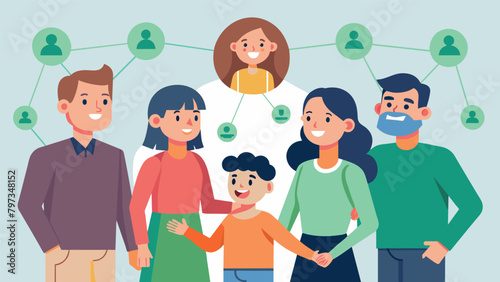 A joyful family reunion taking place at the genealogy booth as distant relatives finally connect the dots and embrace their shared ancestry.. Vector illustration