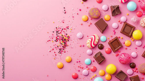 Top view of candies scattered on pink background   National Candy Day wallpaper with copy space