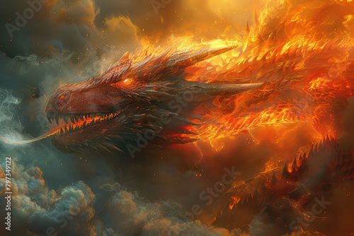 A red dragon made of fire, the background is space with nebulae and stars. Created with Ai