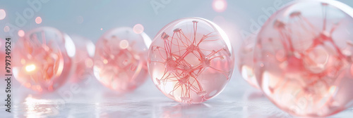 red pink abstract oil bubbles or face serum background. pink Oil and water bubbles molecule ,pink Bubbles oil or collagen serum for cosmetic product, banner poster © Planetz