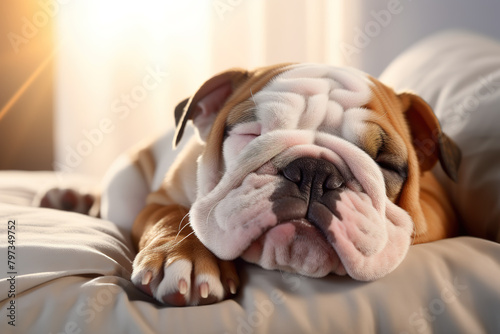 An english bulldog sleeping lying on a mattress on a clean background. Pet, Animals, Illustration, Generative AI.