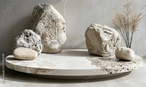 Three rocks of different sizes and shapes on marble pedestal. Created with Ai photo