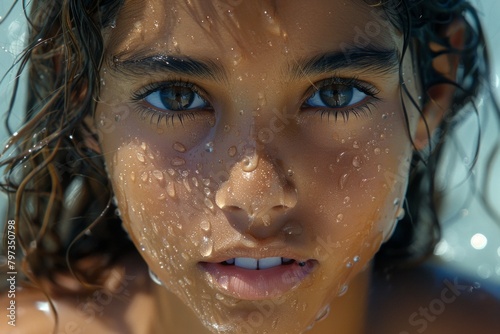 A young girls face is captured in intricate detail under the rippling surface of the water, showcasing the beauty and tranquility of the underwater world.