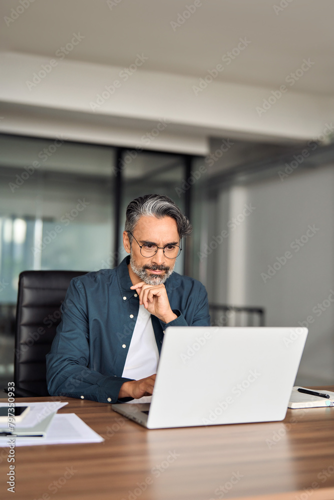 Busy older serious middle aged business man sitting at desk using computer. Mature businessman executive wearing shirt and glasses working looking at computer technology in office. Vertical photo. Busy older serious middle aged business man sitting at desk using computer. Mature businessman executive wearing shirt and glasses working looking at computer technology in office. Vertical photo.