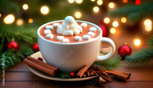 A white cup of hot chocolate with marshmallows, surrounded by green fir branches and string lights