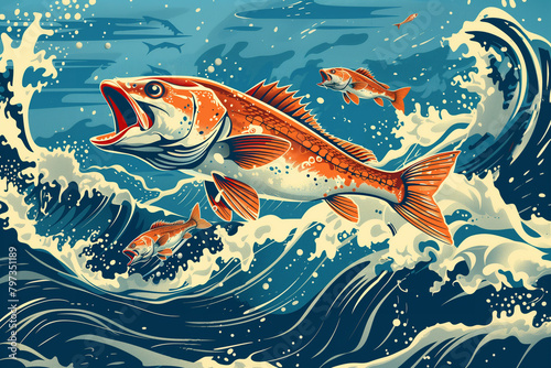 Red fish leaping out of blue waves in a dynamic vector illustration, copy space