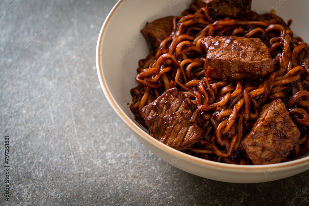 Jjapaguri or Chapaguri, Korean Black Beans Spicy Noodles with Beef Jjapaguri or Chapaguri, Korean Black Beans Spicy Noodles with Beef