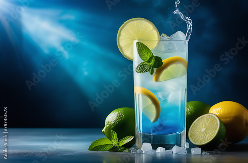Summer refreshing lemonade drink with mint leaves and lemon slices. Fresh healthy cold mint and lemon beverage.