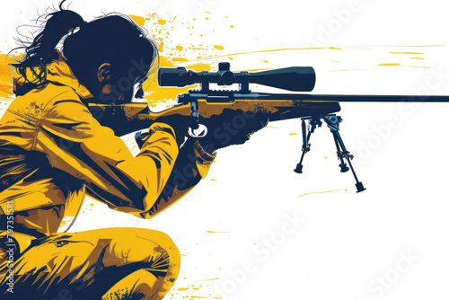 Yellow watercolor painting of athlete woman on rifle shooting practice