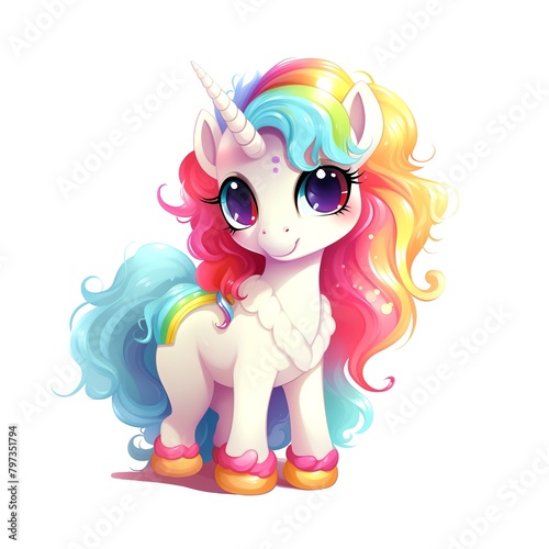 Cute rainbow unicorn. Clipart is a great choice for creating cards, invitations, party supplies and decorations. AI generated. (ID: 797351794)