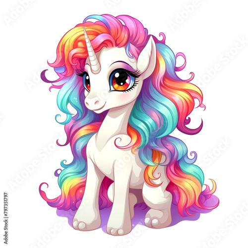 Cute rainbow unicorn. Clipart is a great choice for creating cards, invitations, party supplies and decorations. AI generated. (ID: 797351797)