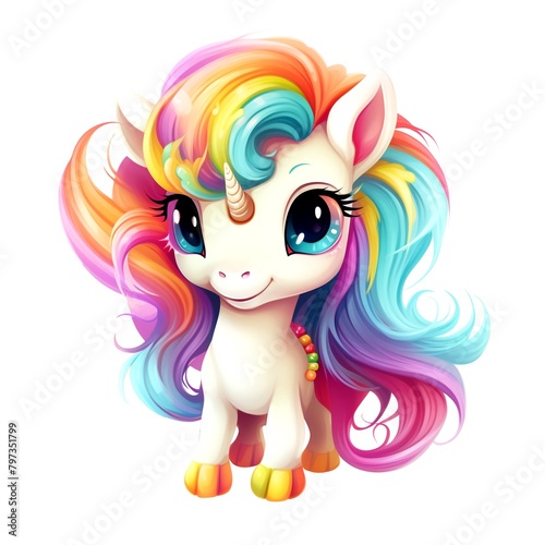 Cute rainbow unicorn. Clipart is a great choice for creating cards, invitations, party supplies and decorations. AI generated. (ID: 797351799)
