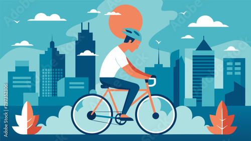 An urban cyclist uses the bustling cityscape as a backdrop for their biking meditation finding mental clarity amidst the chaos and movement..