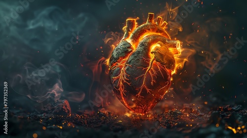 An anatomical heart wreathed in vibrant flames, partially scorched and blackened, yet still beating defiantly. The image symbolizes strength in the face of adversity, the indomitable spirit, or healin