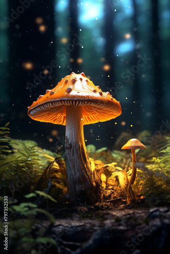 Close-Up View of a Radiant Mushroom Illuminating the Dark Forest Underbrush with its Natural Glow