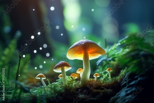 Close-Up Image of a Glowing Mushroom Illuminating the Surrounding Forest Underbrush