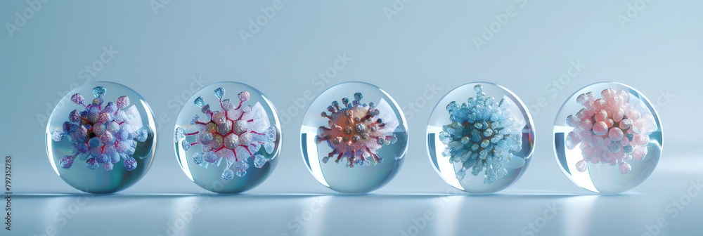 five glass spheres with containing different seed elements such as DNA and natural water inside the same sphere. five glass spheres with containing different seed elements such as DNA and natural water inside the same sphere.