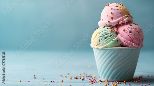 ice cream with 3 scoops on blue background, national ice cream day