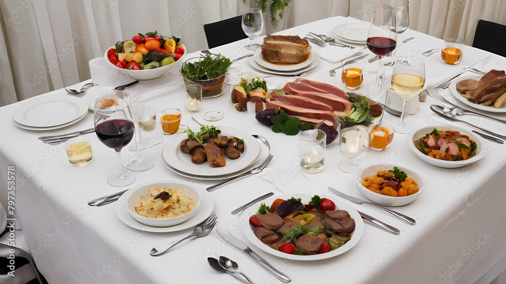 A photo of a gourmet meal. The meal is composed of a variety of different foods, and is served on a table with a white tablecloth. The food is fresh and looks delicious. A photo of a gourmet meal. The meal is composed of a variety of different foods, and is served on a table with a white tablecloth. The food is fresh and looks delicious.