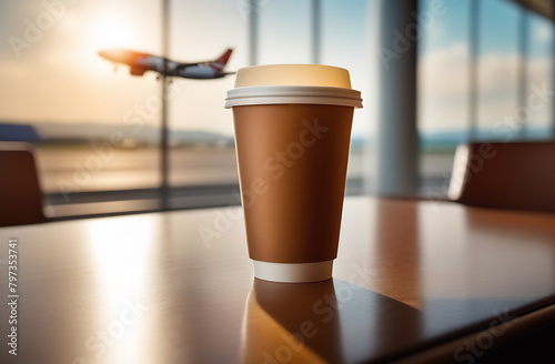 Coffee cappuccino in paper cup on table and flying away aircraft, travel concept.  Airport interior and big window.