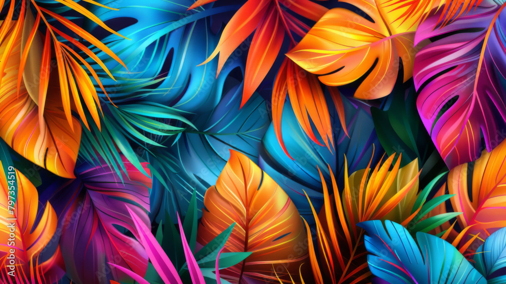 Bright collage with exotic  tropical leaves. Floral decoration. Abstract nature background