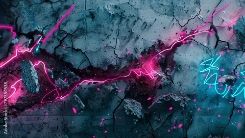 A detailed portrayal of a cracked concrete surface, brought to life with splashes of neon graffiti, merging decay with creativity