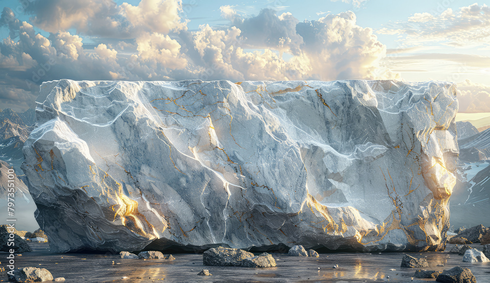 Rectangular Mountains A rectangular marble block in the foreground, with mountains and ...