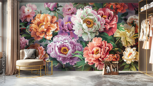 A dressing room beautified by an expansive 3D peony wallpaper, where the colorful blooms serve as a vibrant backdrop for the fashion within, against a muted, sophisticated background photo