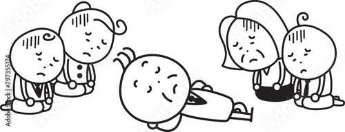 寝そべる男性の前で悲しむ家族イラスト