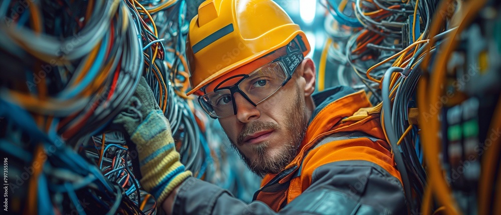 Fototapeta premium Surrounded by a tangle of cables and gear, a confident electrician efficiently wires a structure.