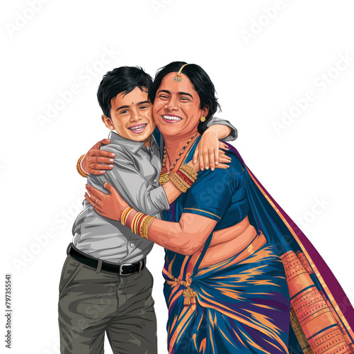 illustration of indian mother and child hugging smiling joyfully, transparent background photo