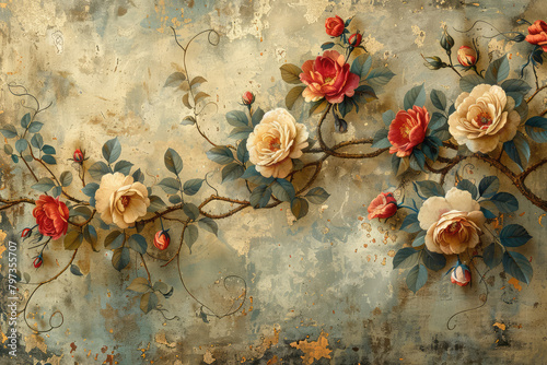 A vintage wall mural with roses and vines, painted in warm colors on an aged paper texture background. Created with Ai