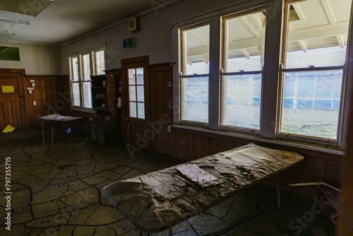 Interior of a school destroyed by flooding in the Cyclone Gabrielle natural disaster. Eskdale, Napier, Hawkes Bay, New Zealand Bay. February 2023 photo