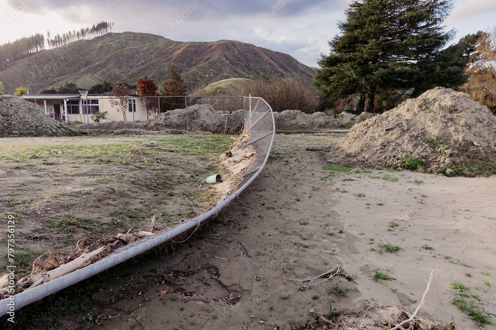 School playground destroyed by flooding in the Cyclone Gabrielle natural disaster. Eskdale, Napier, Hawkes Bay, New Zealand Bay. February 2023
